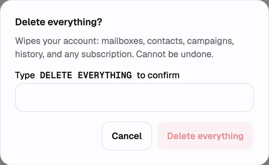 The “Delete everything?” confirmation dialog open, showing the full description line, the
type-to-confirm phrase and its empty input, and the disabled “Delete everything” button. Capture
it as an Owner, since nobody else sees this section.