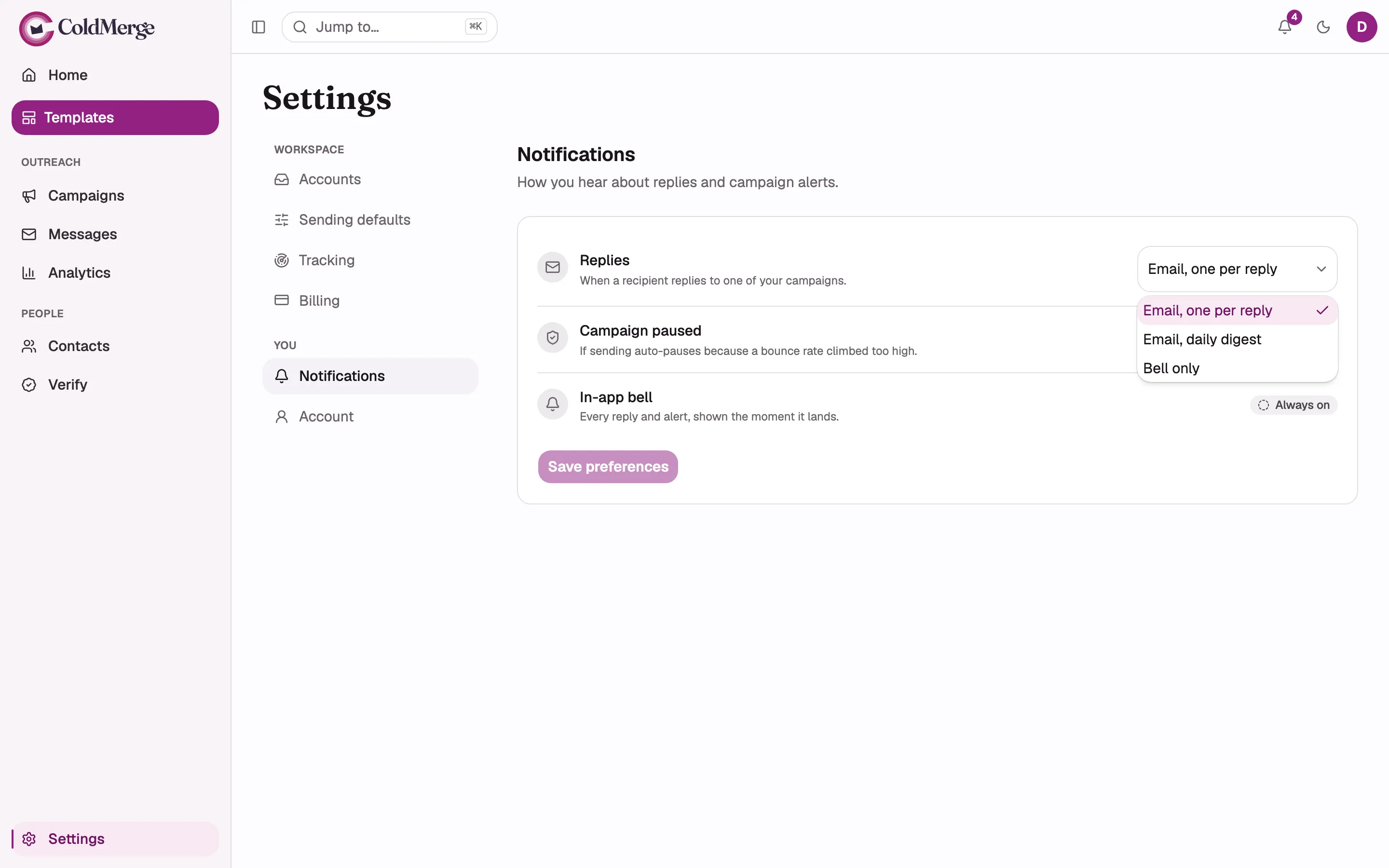 The Notifications page showing all three rows: Replies with its dropdown open on the three
choices, Campaign paused with its “Always on” badge, and In-app bell with its “Always on” badge.