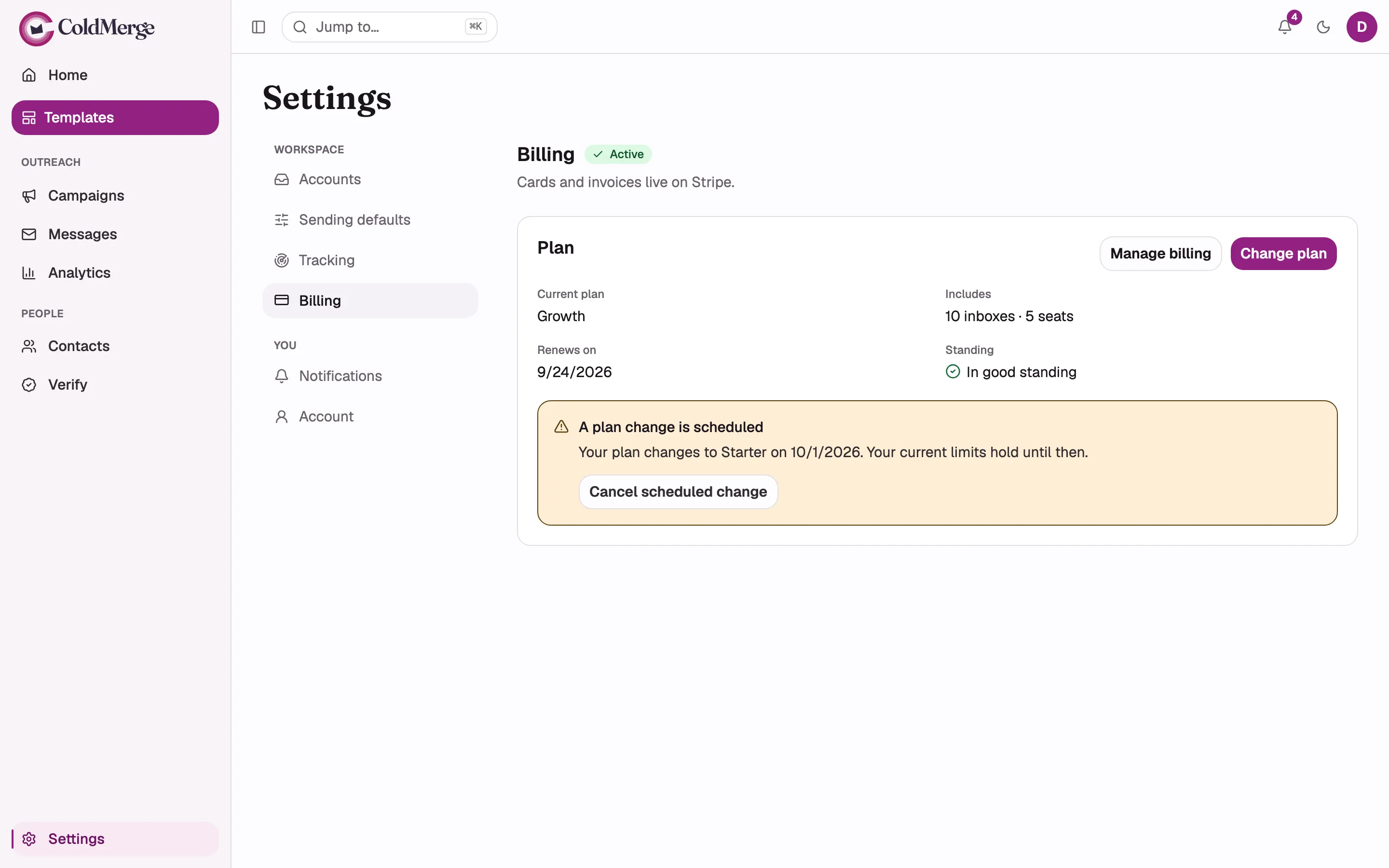The amber “A plan change is scheduled” notice inside the Plan panel, naming the incoming plan and
its date, with the “Cancel scheduled change” button visible.