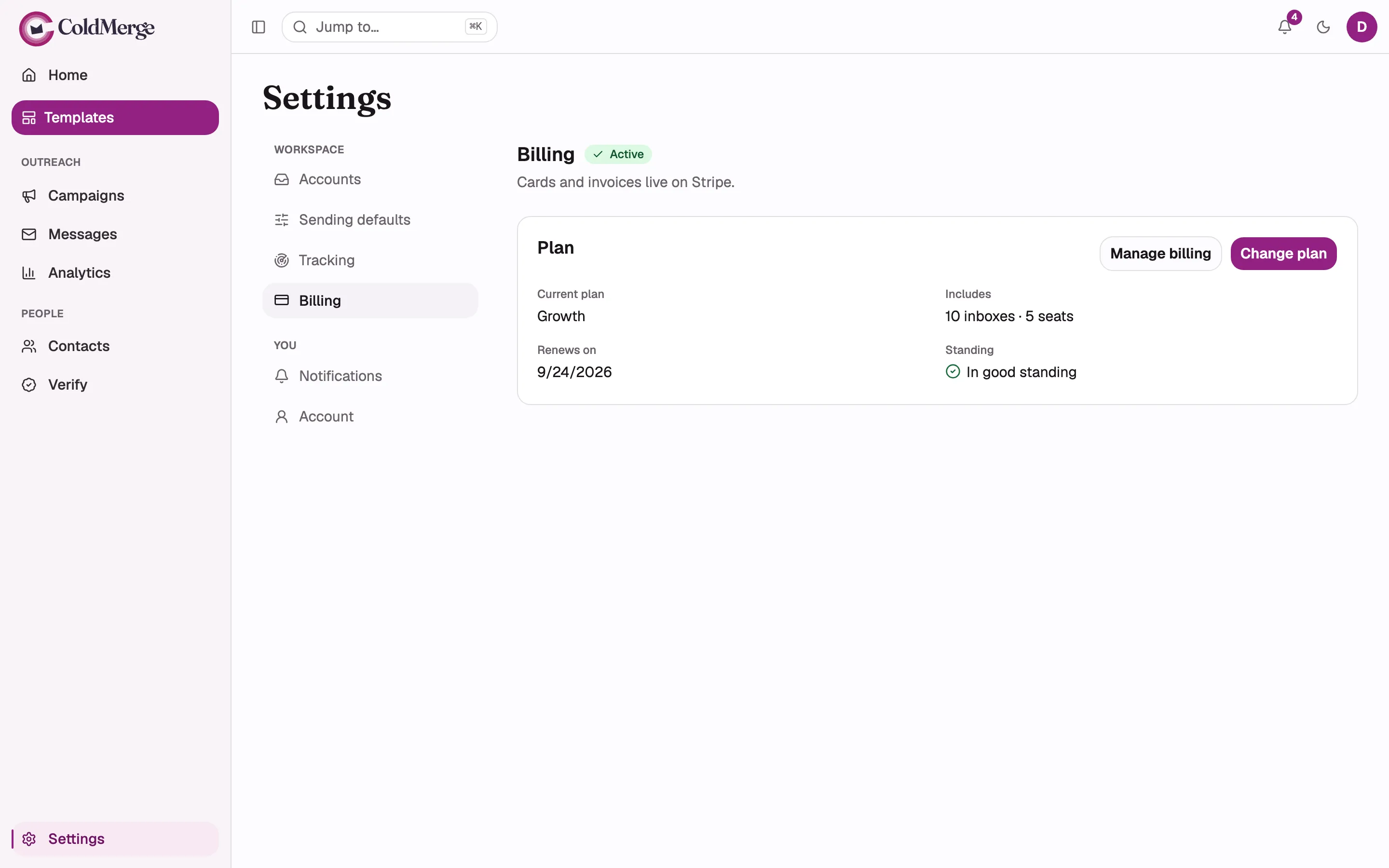The Plan panel of an active paid workspace, showing all four fact rows (Current plan, Includes,
Renews on, Standing) with the green tick beside “In good standing”, plus the “Active” status pill
in the header and the “Manage billing” and “Change plan” buttons.