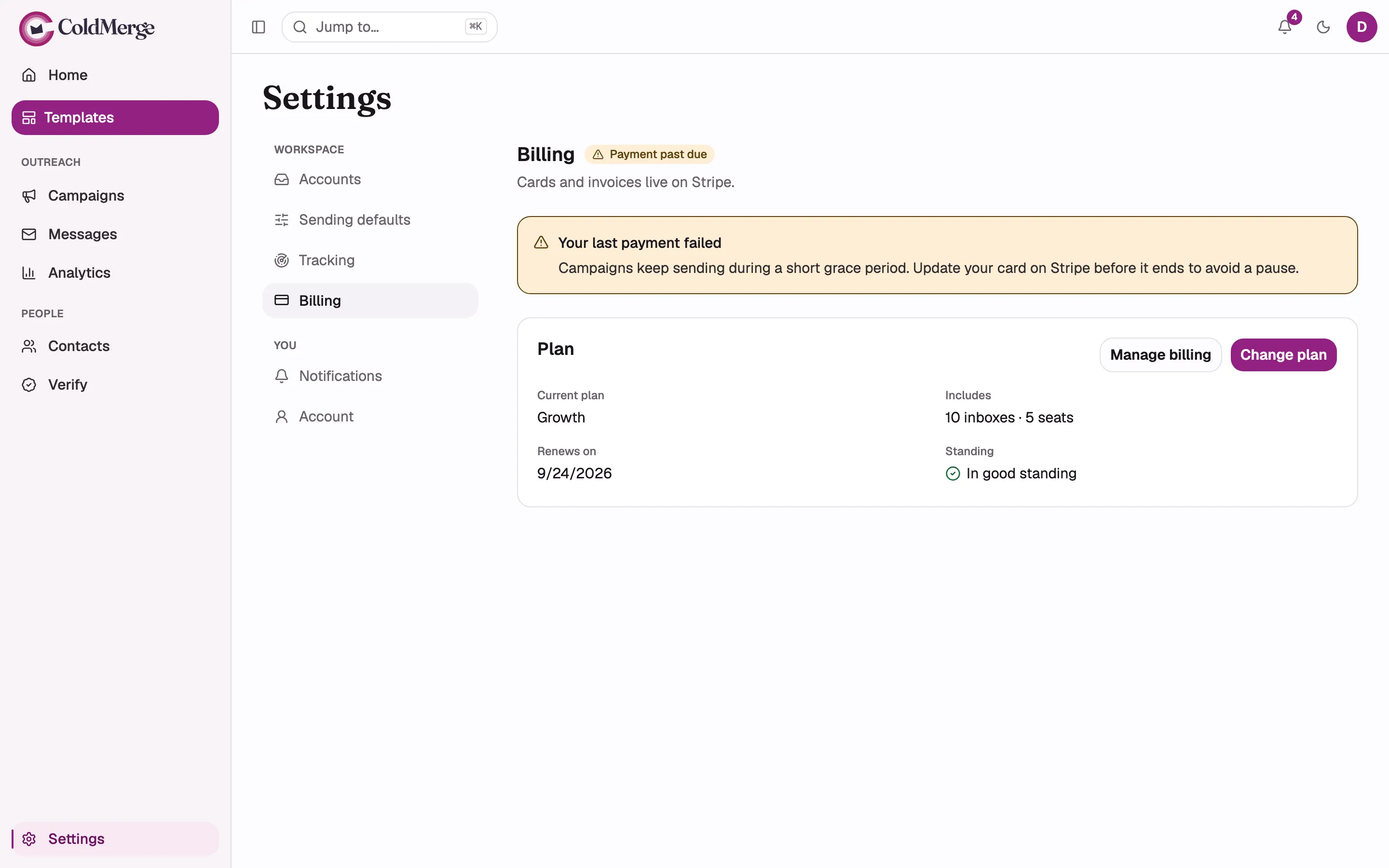 The amber “Your last payment failed” banner at the top of the Billing screen, with the Plan panel
visible beneath it and the “Payment past due” status pill in the header.