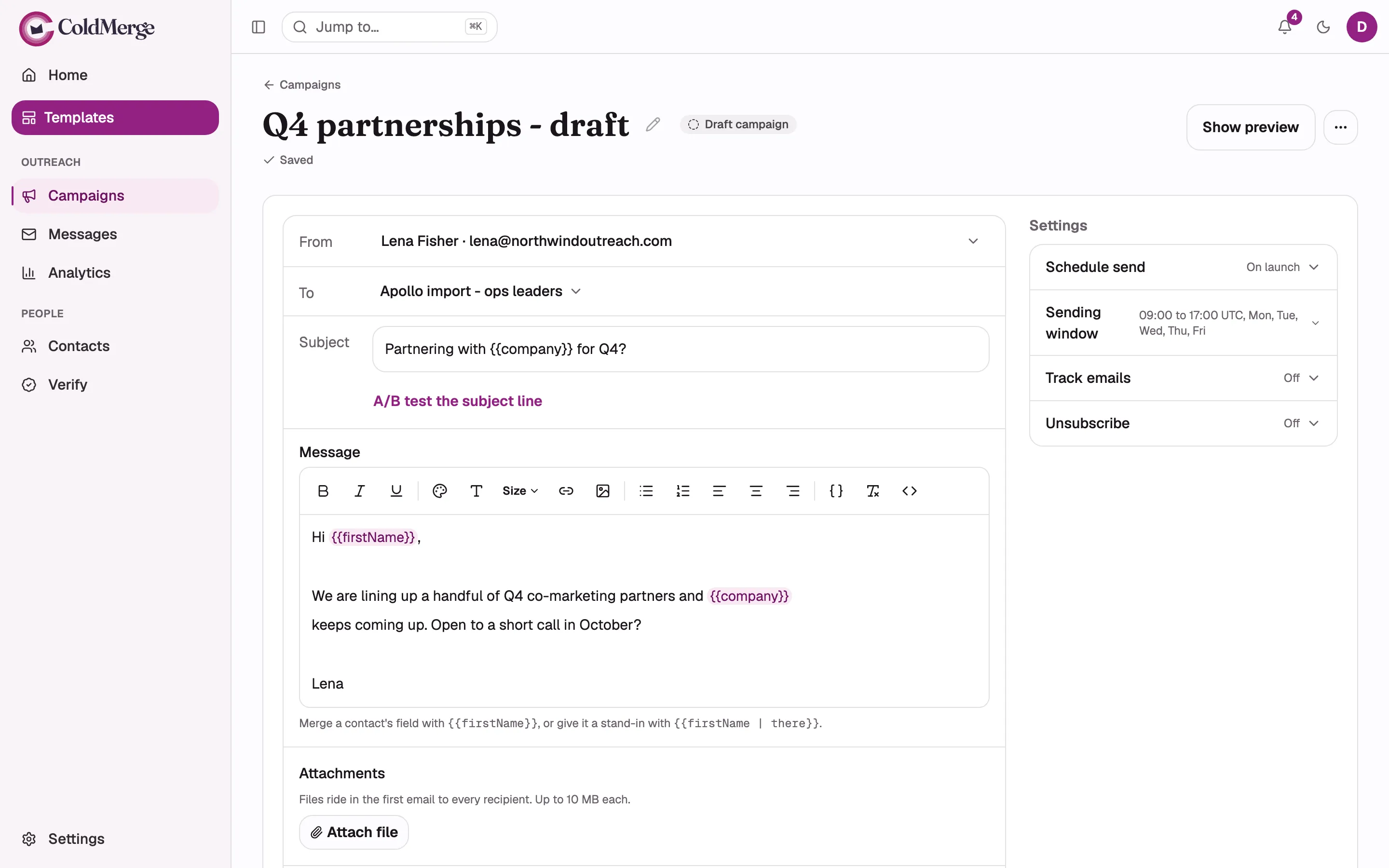 The campaign draft editor at desktop width with From, To, Subject and a short body containing a
merge field, the campaign name in the page title, and the sending window control visible. Use demo
data.