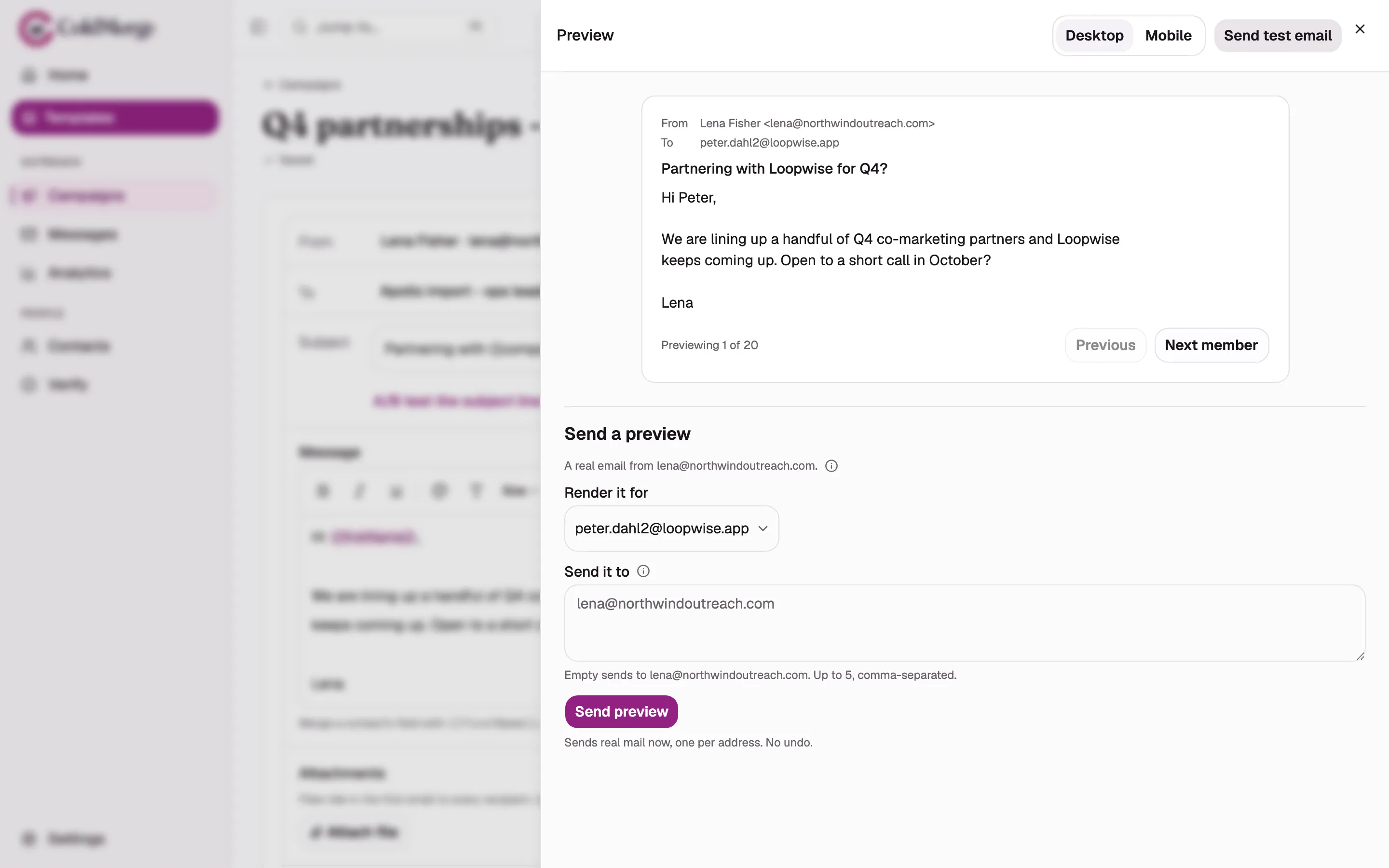 The “Send a preview” panel with the “Render it for” contact picker open and an address typed into
“Send it to”, plus a second capture of the receipt afterwards showing delivered addresses,
undelivered addresses, and the merge fields that rendered empty.