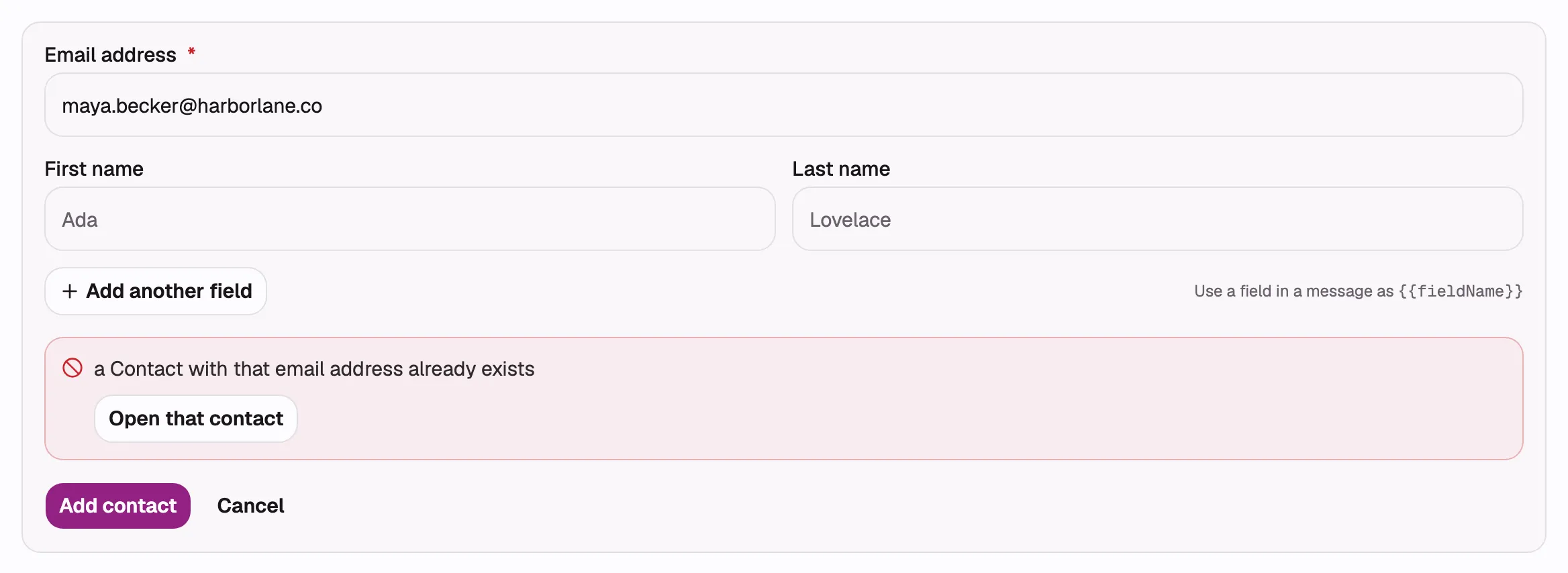 The inline Add a contact form with an address that already exists typed in, showing the refusal
message and the “Open that contact” button beneath the field rows.