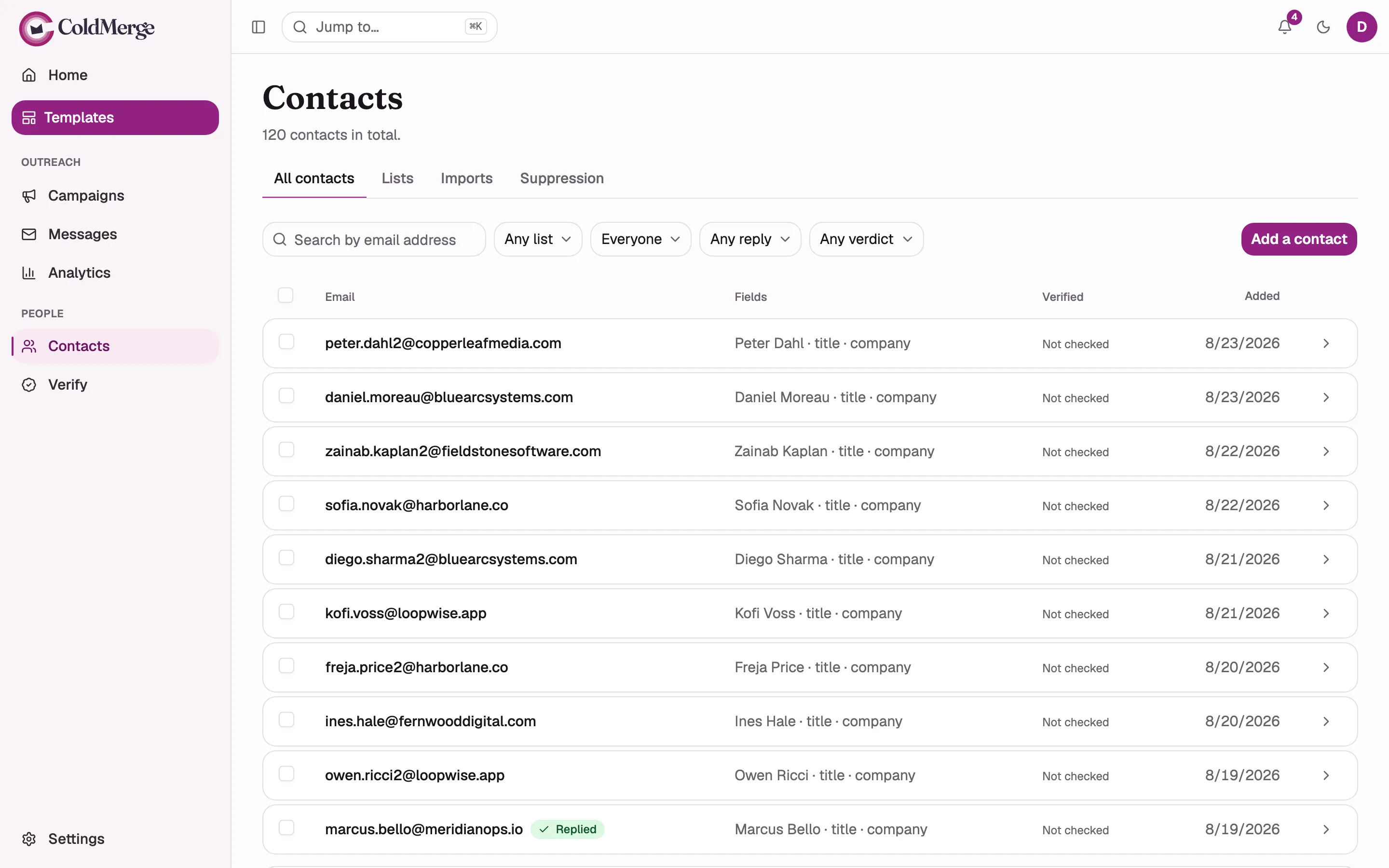 The All contacts tab with the four-tab strip (All contacts, Lists, Imports, Suppression) above it,
the filter bar showing the search box and the four filter dropdowns, and a table of several
contacts. Include at least one row carrying a “Replied” badge and one carrying a “Suppressed”
badge next to the email address.