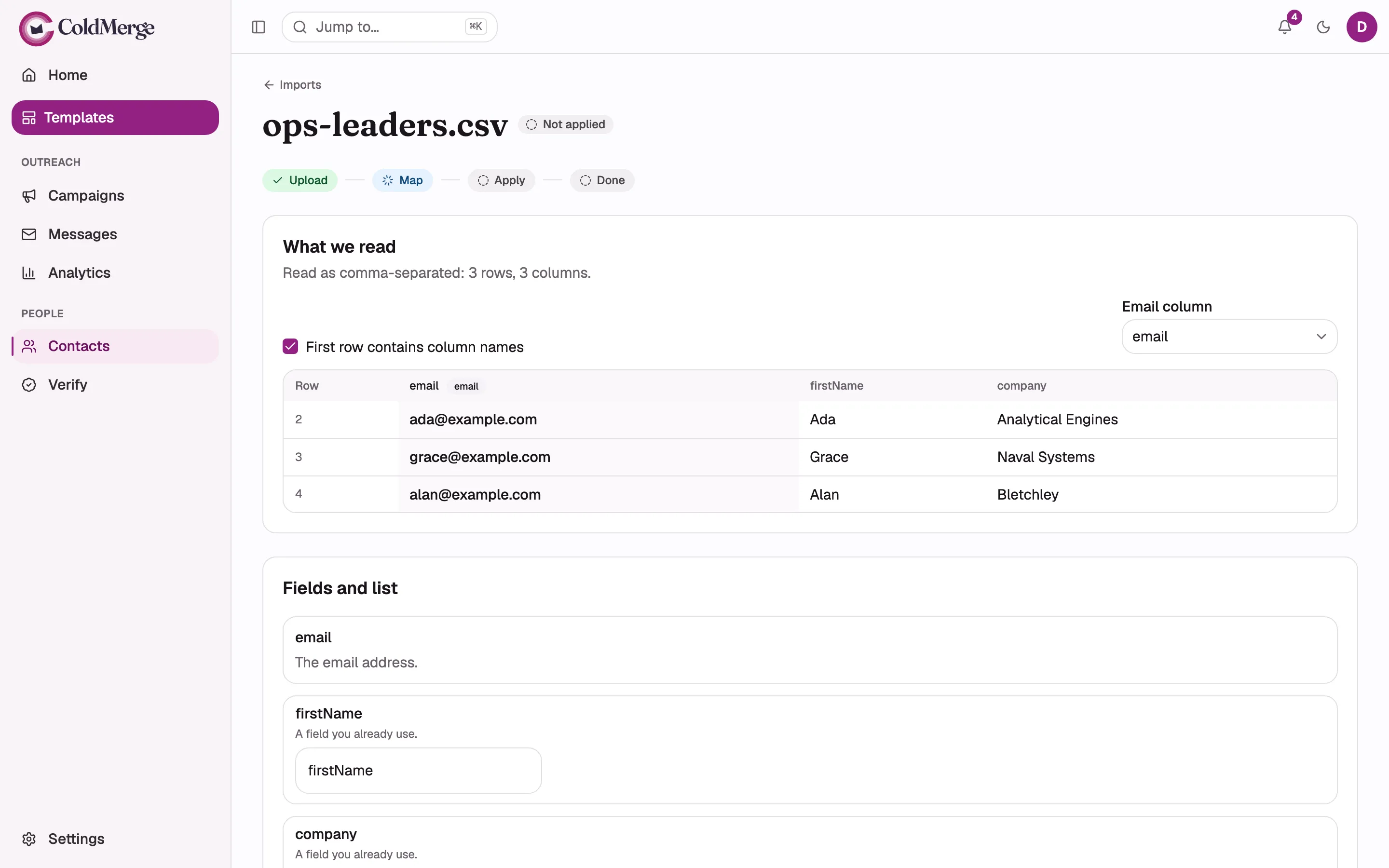The Map step on a wide screen: the “What we read” section with the header-row checkbox, the Email
column picker, and the preview table, then the mapping form below it with several column rows.
Include at least three different rule lines, for example “A field you already use.”, “A new
field.”, and the one about the email column being the built-in token.