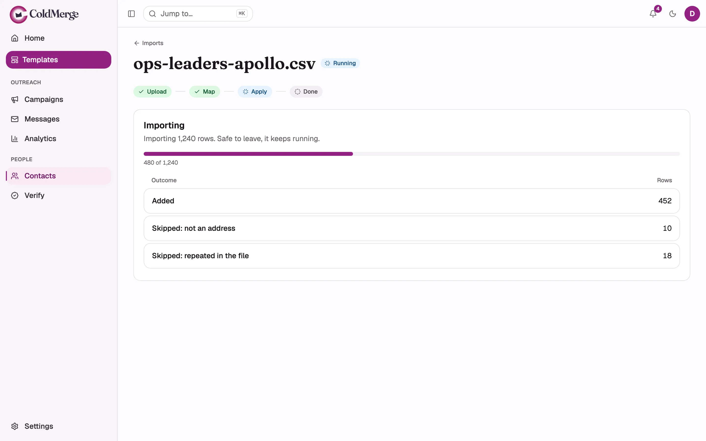 The Importing section mid-run: the progress bar part-filled, the “480 of 1,240” count under it,
and the live outcome breakdown table beside or below it. Capture this on a phone as well, since
this step is meant to work at phone width.