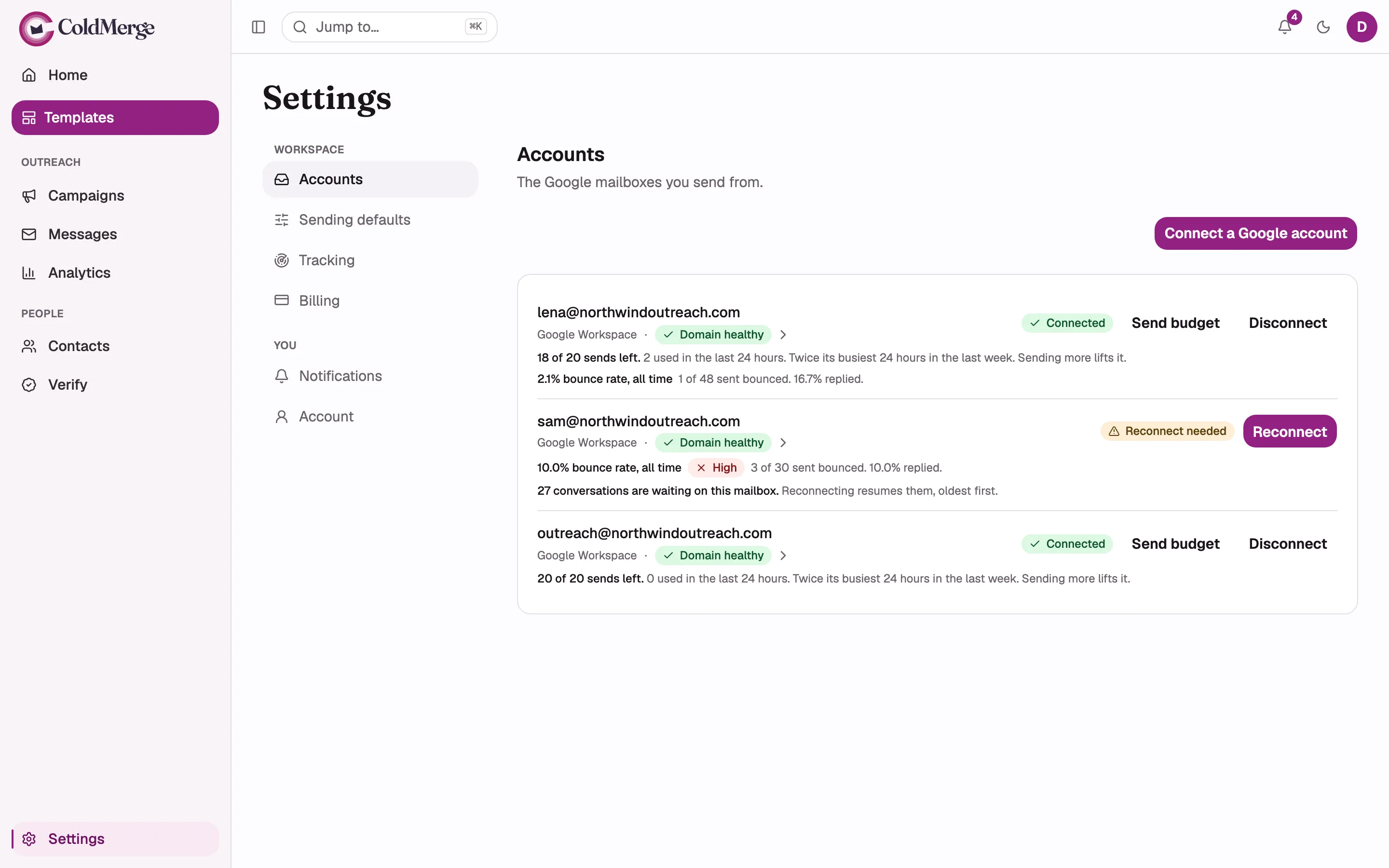 The Accounts page with two rows: one showing the “Connected” badge and a domain badge, one showing
“Reconnect needed” with its Reconnect link. Mask the real addresses.