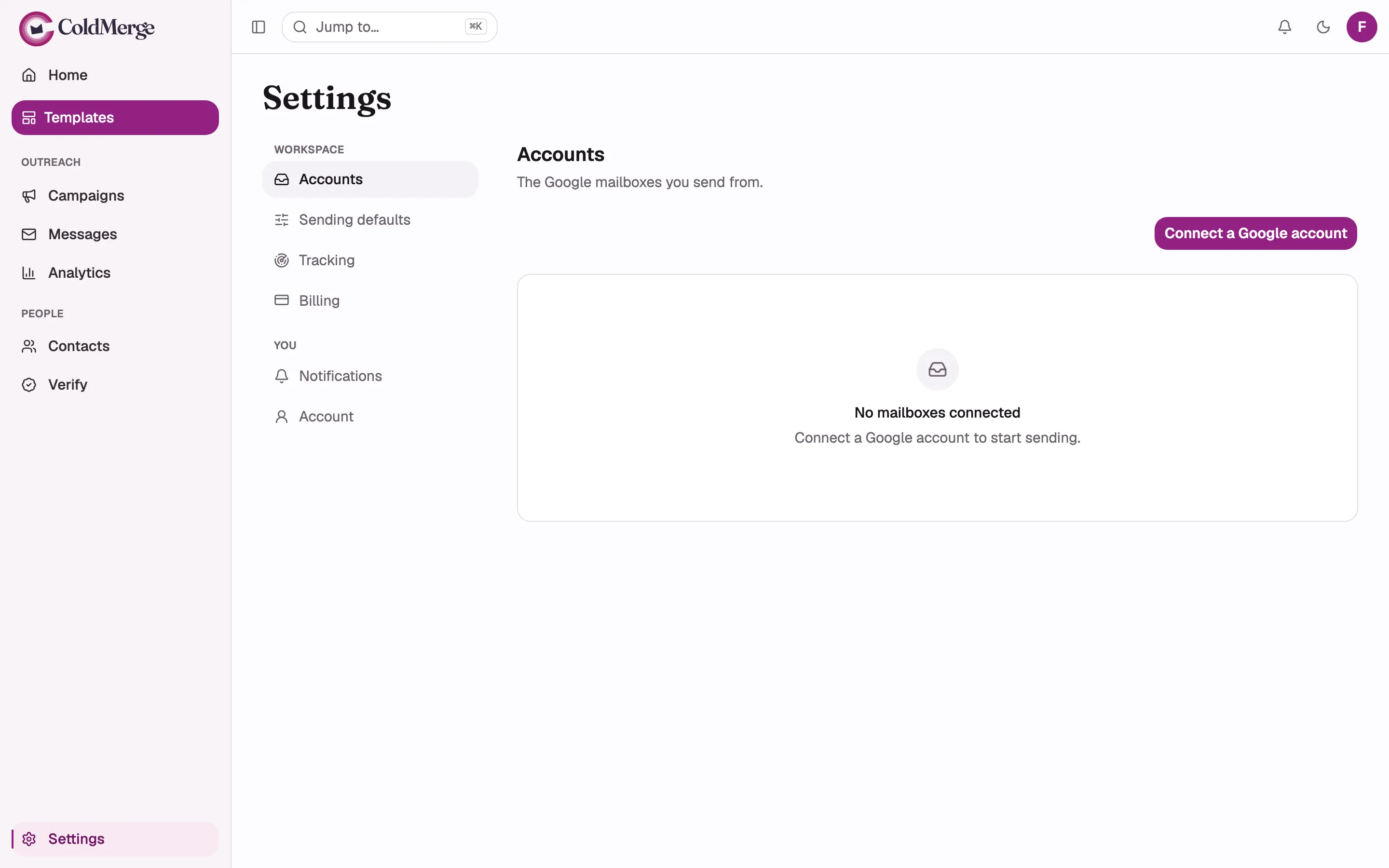 The Settings > Accounts page in its empty state, with the “Connect a Google account” button at the
top right and the empty-state line “Connect a Google account to start sending.” Desktop width.