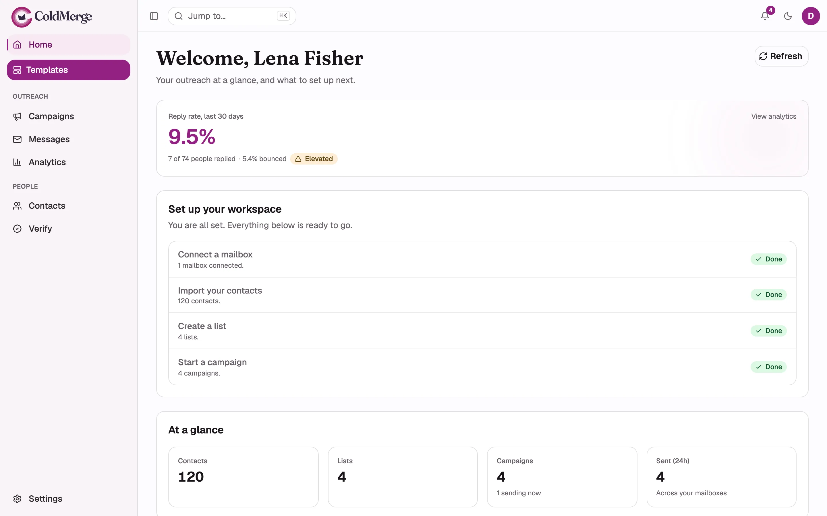 Home on an active workspace: the reply-rate card at the top with its large percentage, the reply
and sent counts, the bounce rate and health badge, and the window caption. Seeded demo numbers.