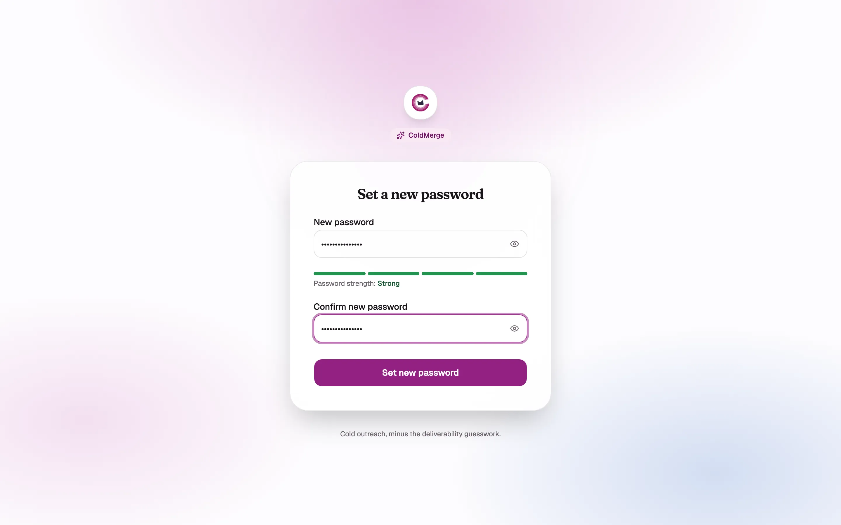 The reset-password form with New password and Confirm new password filled in and the strength
meter showing, plus a second capture of the “Reset link expired” card with its “Request a new
link” button.