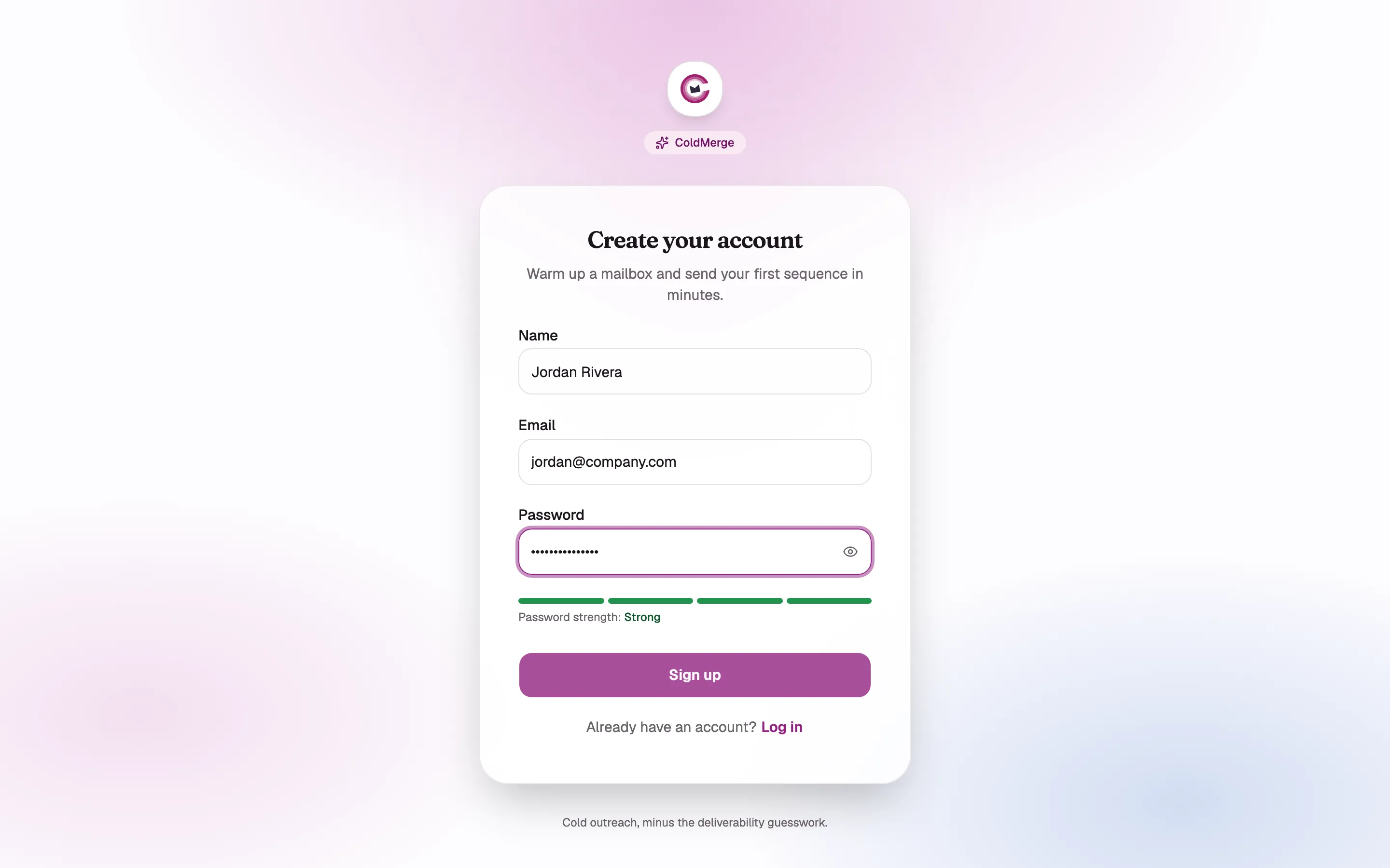 The sign-up card in signup mode at desktop width, showing Name, Email, Password with the strength
meter, the “Sign up with Google” button, and the “Already have an account? Log in” line at the
bottom. Capture a second variant with the Invite code field visible. Use a throwaway address, not
a real one.