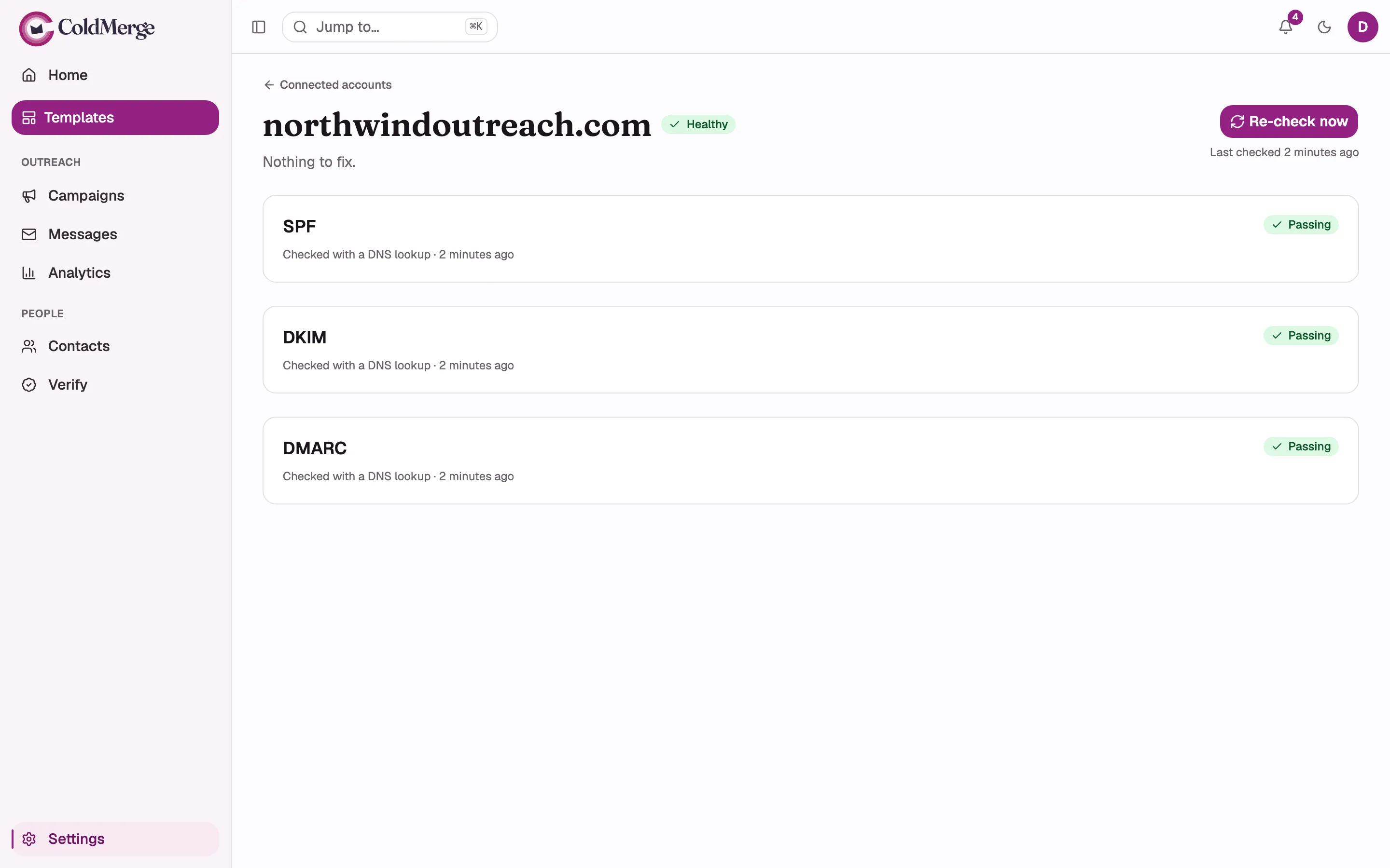 The sending-domain detail page showing the header summary pill and all three signal cards (SPF,
DKIM, DMARC) with their status badges. Capture a healthy domain and, separately, a domain with one
failing card so the DNS record card and its copy control are visible.