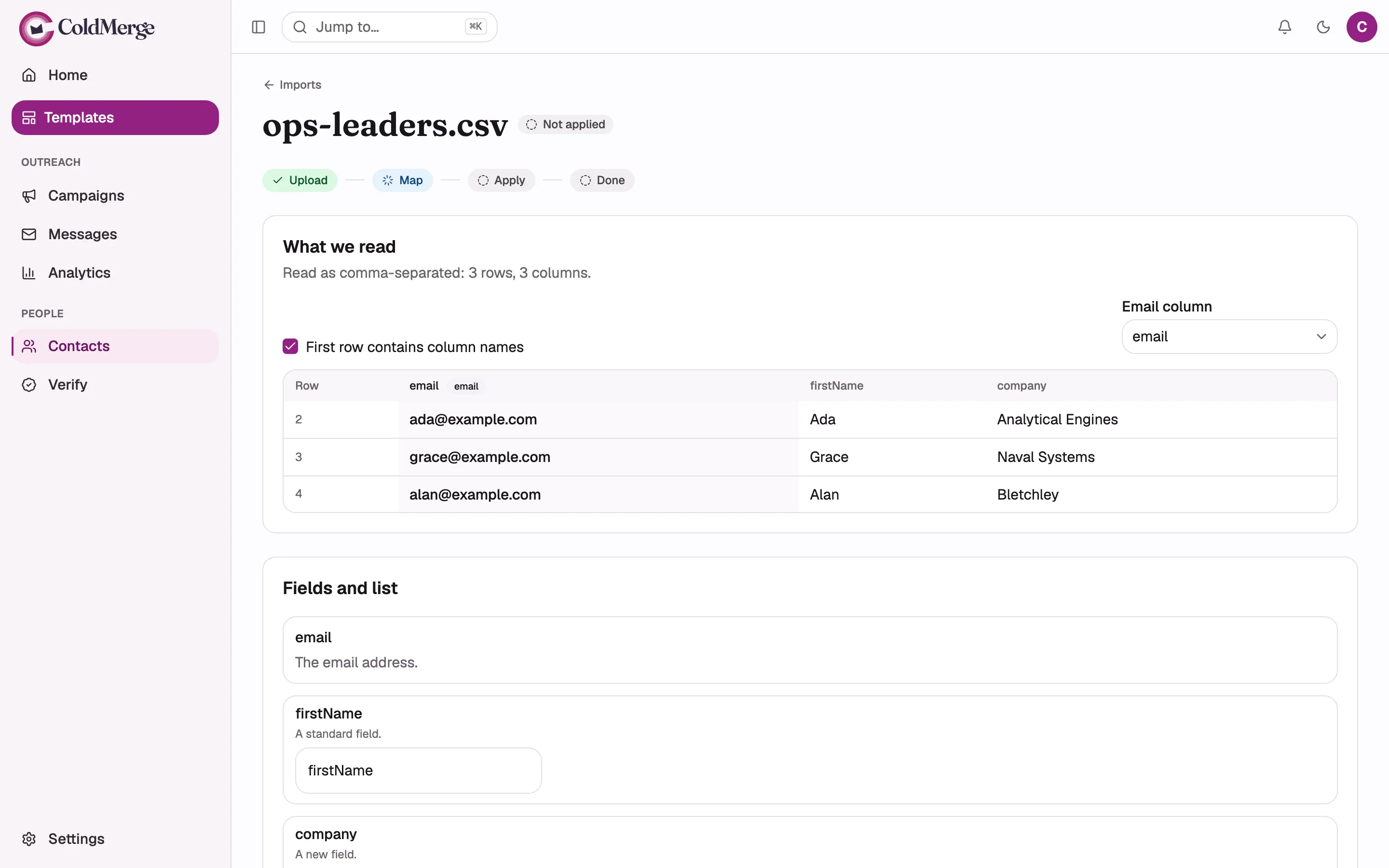 The Map step of the import wizard at desktop width: preview table, header-row toggle, email-column
picker, the per-column field-name inputs with their inline rule text, and the list destination
picker opened to show the “Create a new list…” option.