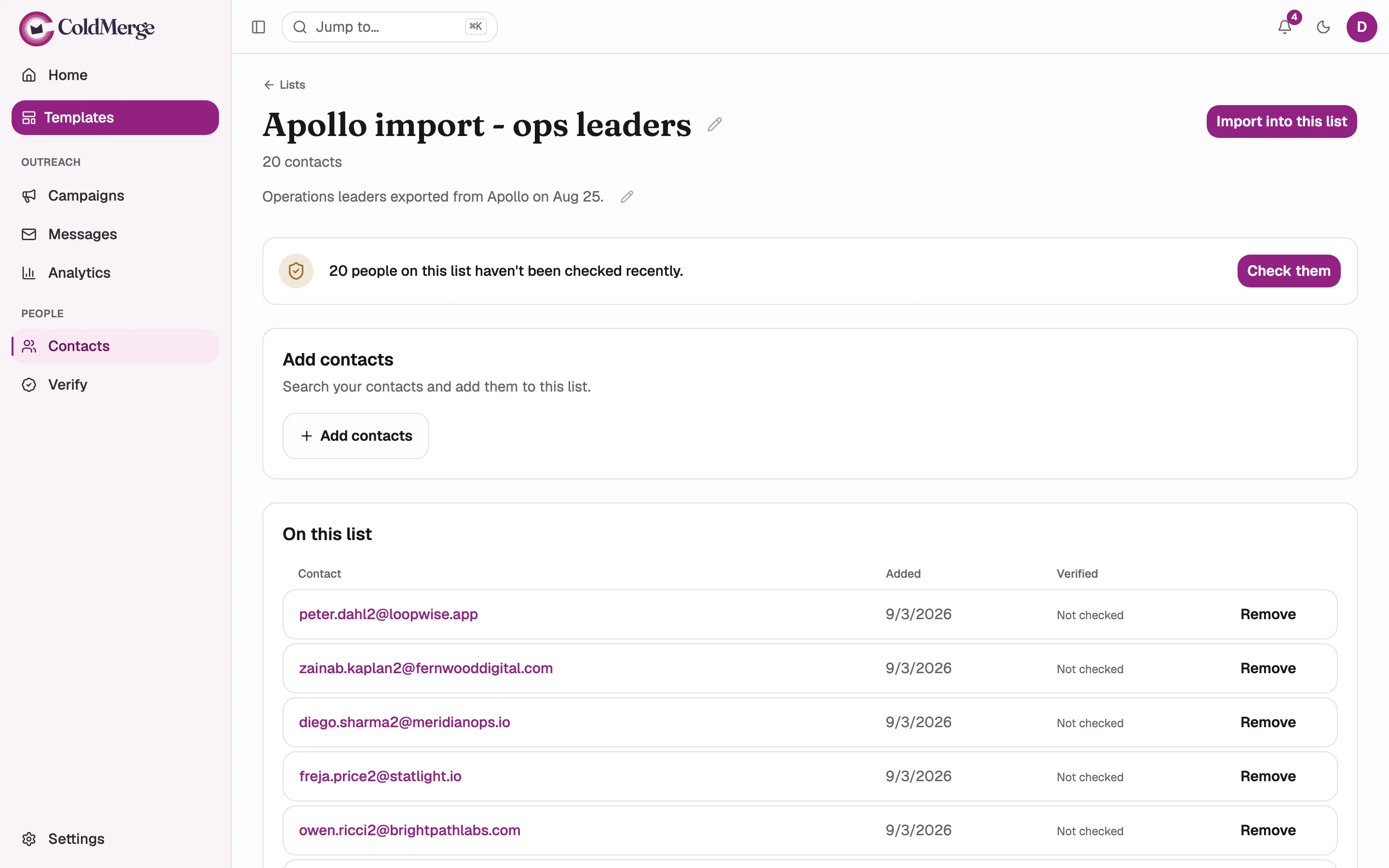 The list detail page for the freshly imported list: the name in the header, the contact count, the
“Import into this list” button, and a few member rows. Mask the addresses.