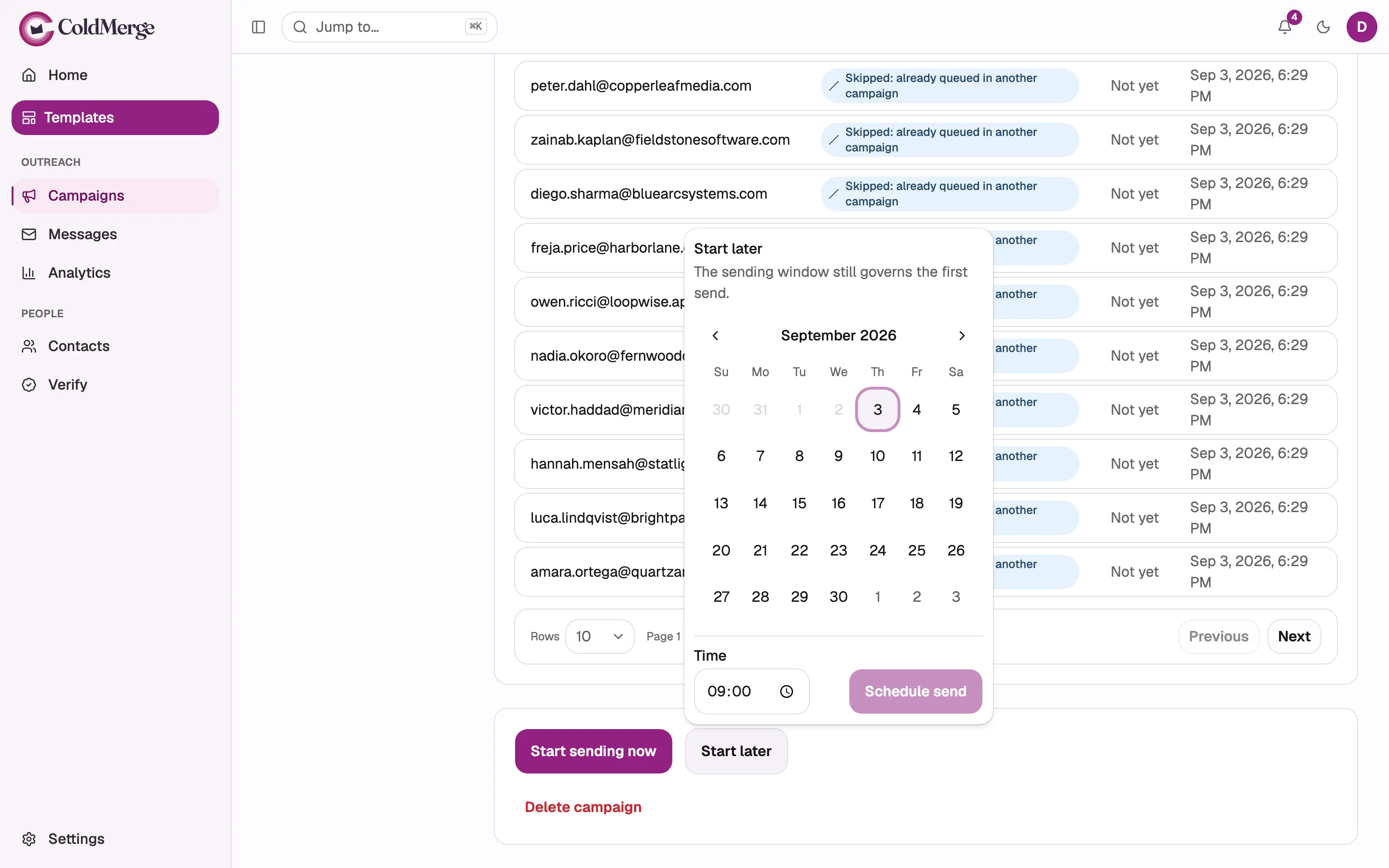 The “Start sending now” and “Start later” buttons at the bottom of the Review step, with the Start
later date and time picker open and the “Schedule send” confirm button visible.