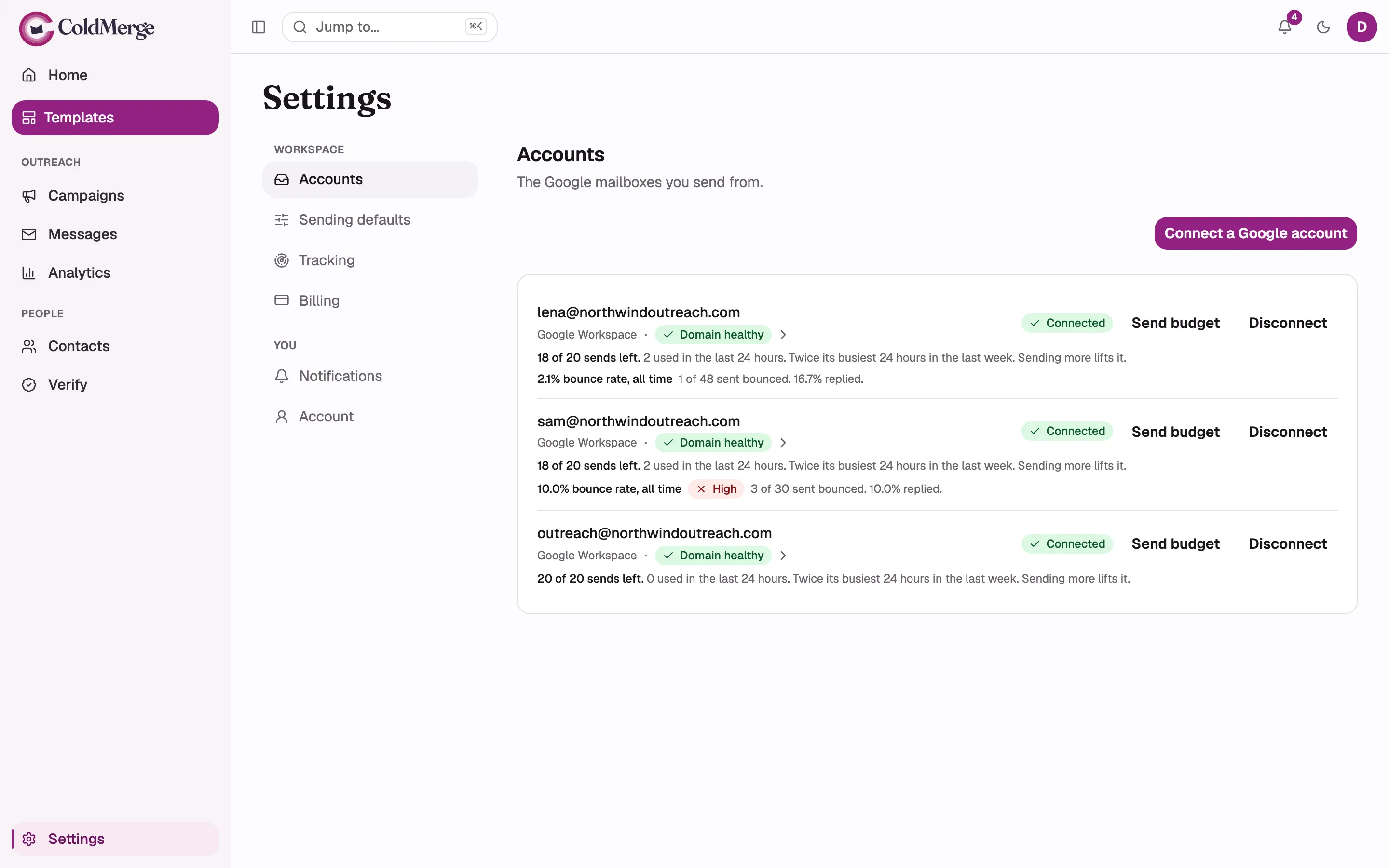 The send budget line on the Accounts screen, captured in each of its four binding states: ramping
up by age (“Ramping up: day N”), demonstrated volume (“Twice its busiest 24 hours in the last
week”), a configured cap, and the provider ceiling in both its Workspace and free-Gmail wording.