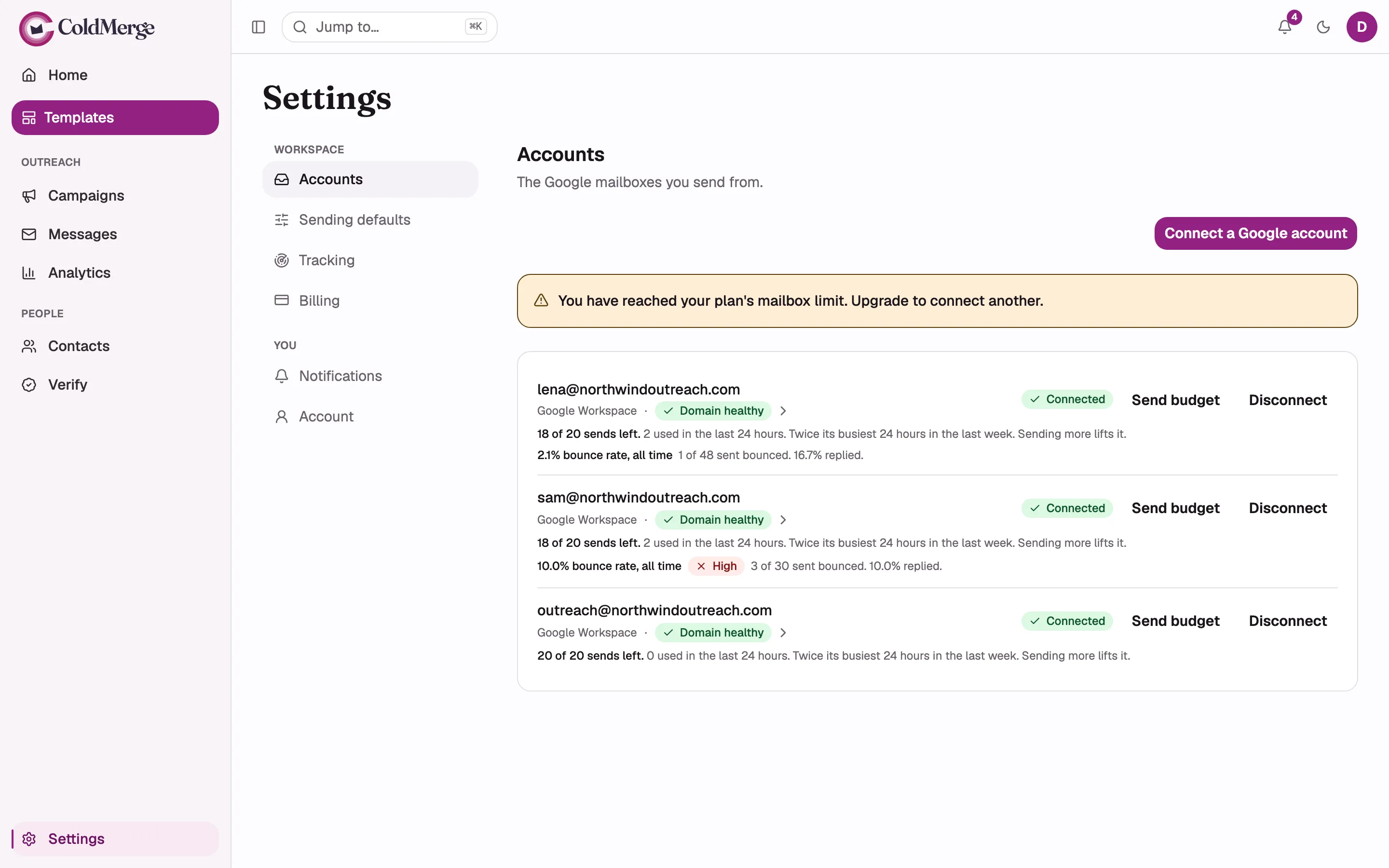 The amber “You have reached your plan’s mailbox limit” banner on the Accounts page.