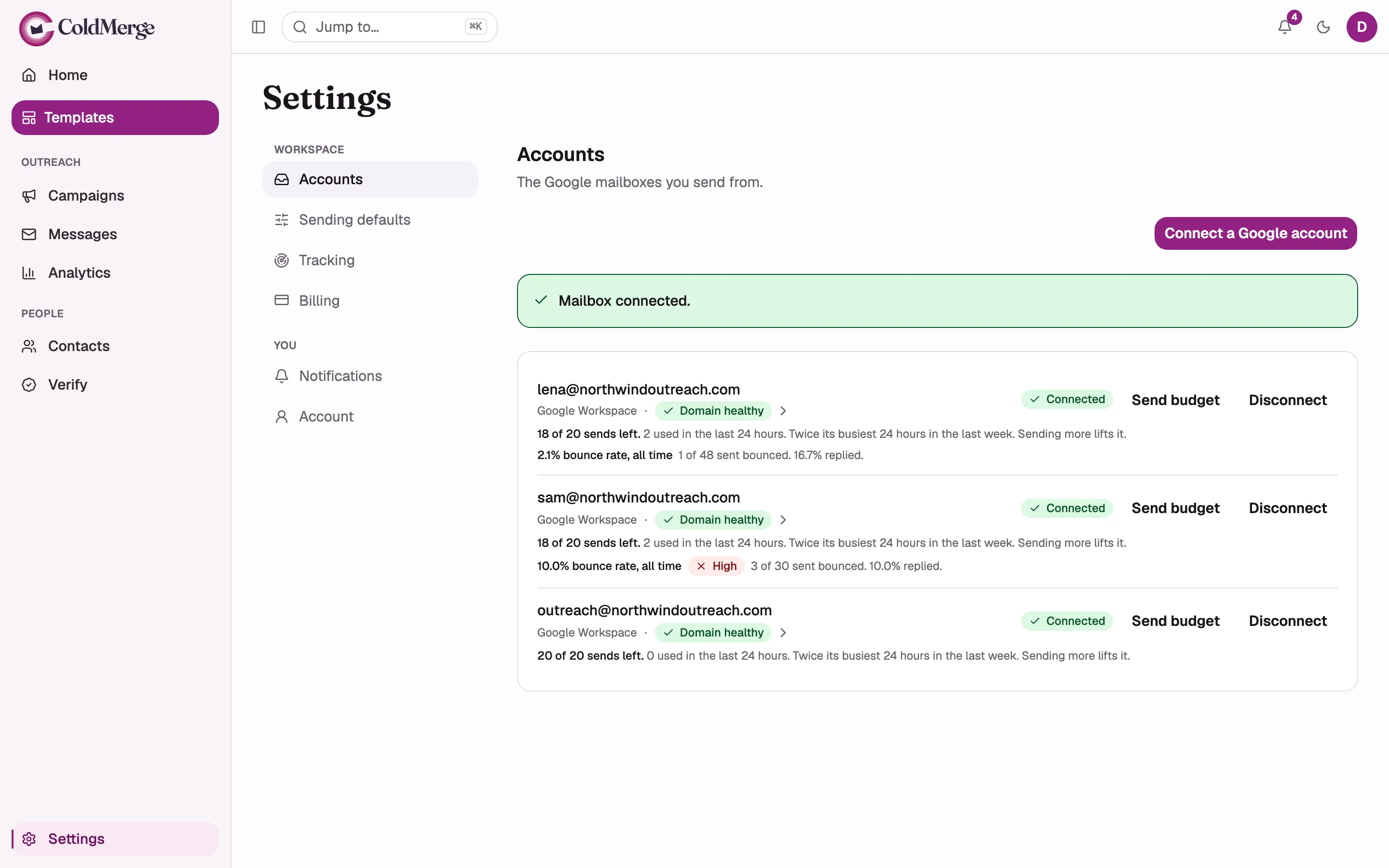 The Accounts page with a connect-outcome banner showing. Capture at least three variants: the
green “Mailbox connected.” banner, the amber “That mailbox is connected elsewhere…” banner, and
the amber plan-limit banner. Annotate the banner area so it is clear these appear in the same
spot.