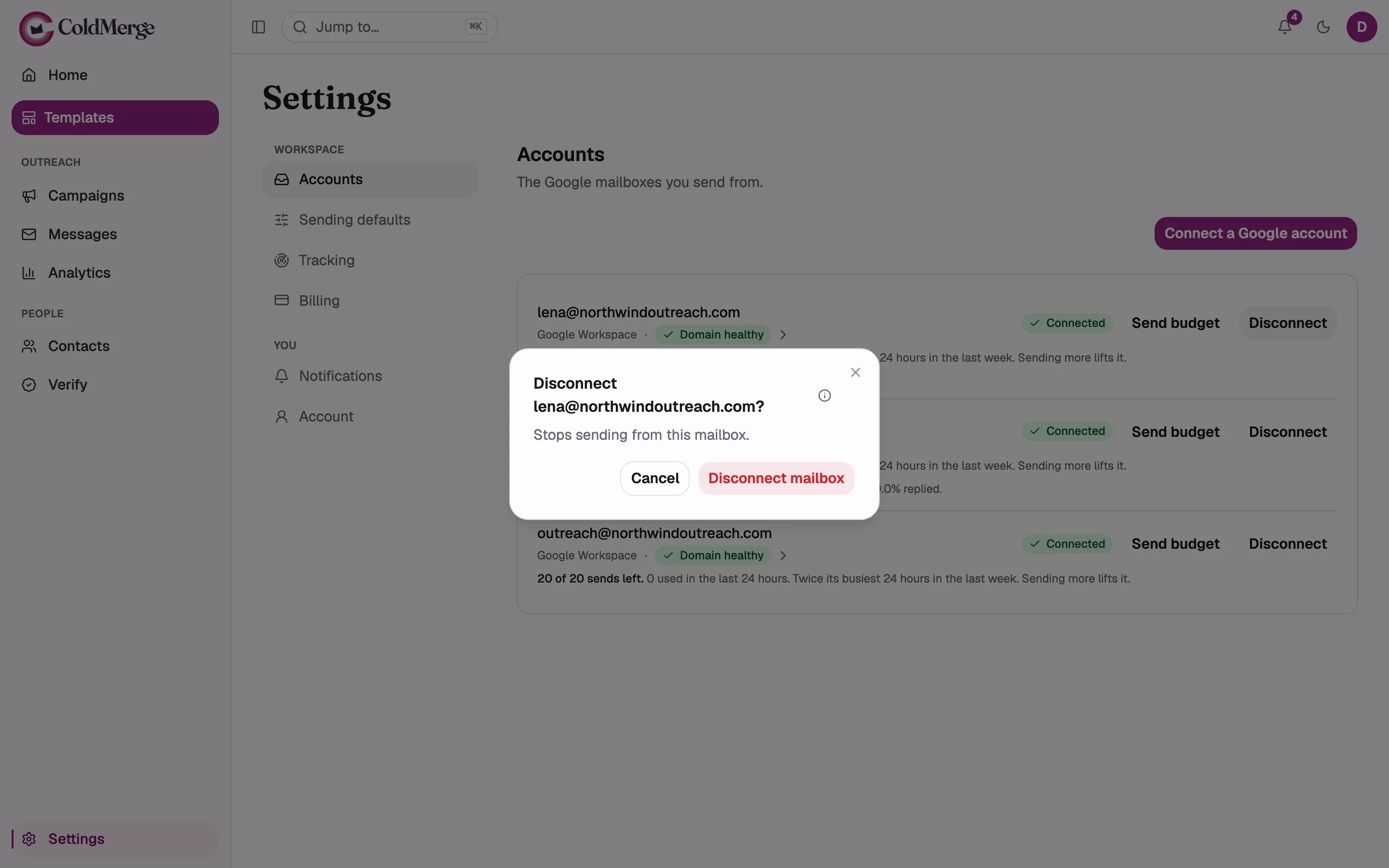 The Disconnect confirmation dialog open over the Accounts page, showing the title, the description
“Stops sending from this mailbox.”, the info icon beside the title, and both buttons.