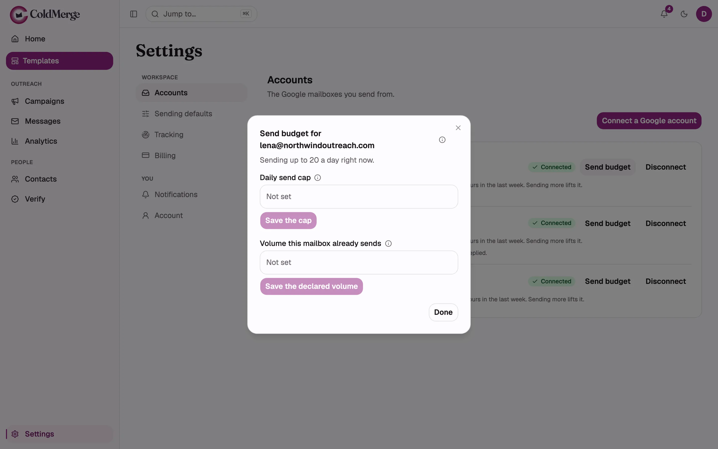 The Send budget dialog open, showing the title with its info icon, the “Sending up to N a day
right now.” description, both fields with their labels and info icons, and the Done button.