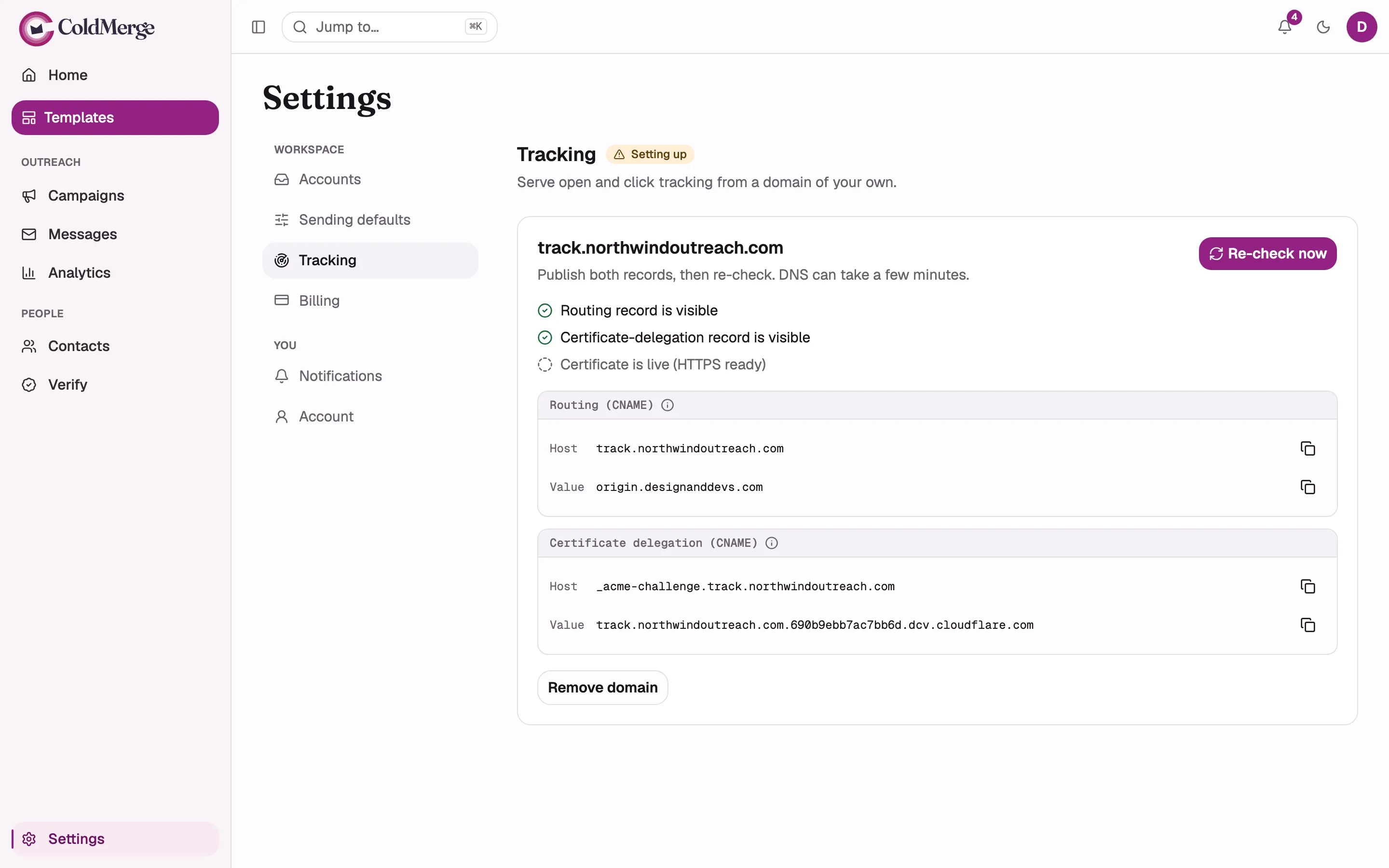 The Tracking tab in its pending state: the “Setting up” pill in the section header, the three-item
checklist with the two record items done and “Certificate is live (HTTPS ready)” still showing its
dashed circle, both DNS record cards below it, and the “Re-check now” button.