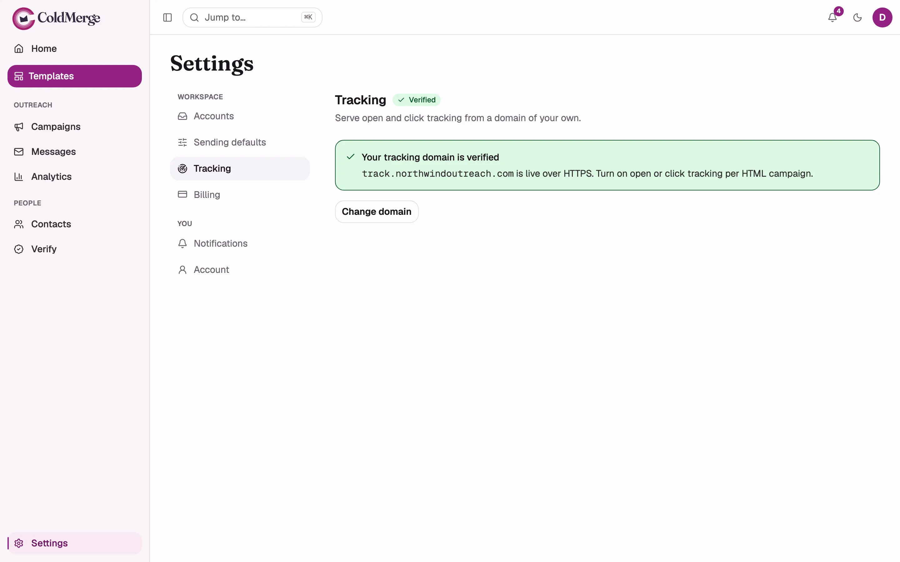 The Tracking tab in the verified state: the green “Verified” pill in the section header, the “Your
tracking domain is verified” notice naming the hostname, and the “Change domain” button.