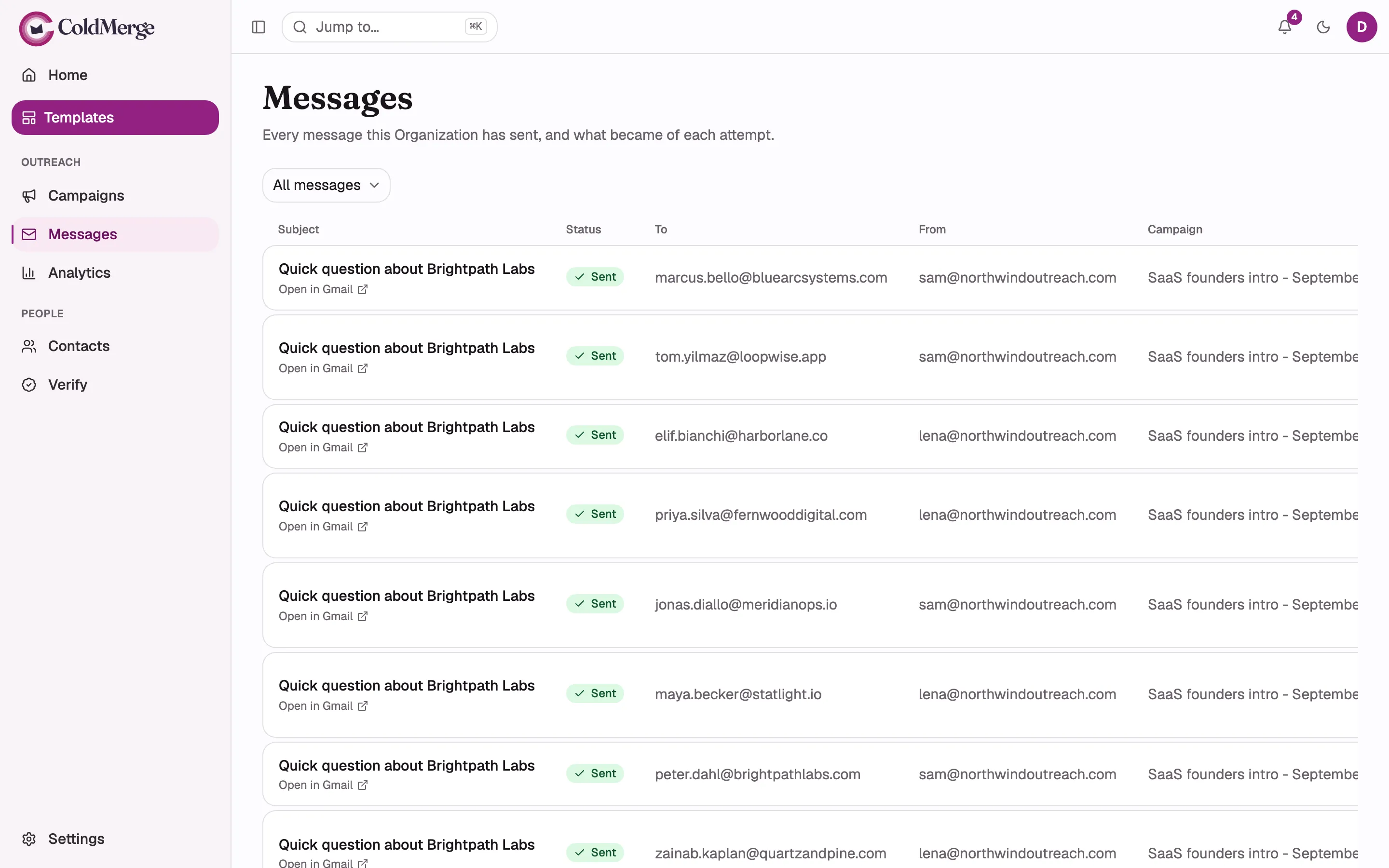 The Messages table with the status filter open, showing a mix of rows including one Failed row
with its red failure reason under the subject and one Sent row with its “Open in Gmail” link.