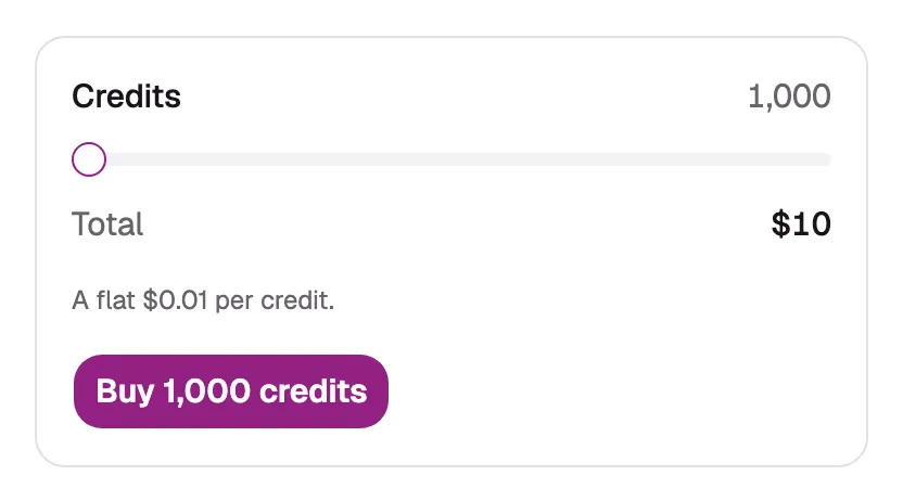 The “Buy more” panel on desktop: the “Credits” label with its current value, the slider partway
along its range, the “Total” row showing the dollar amount, the “A flat $0.01 per credit” line,
and the “Buy N credits” button.