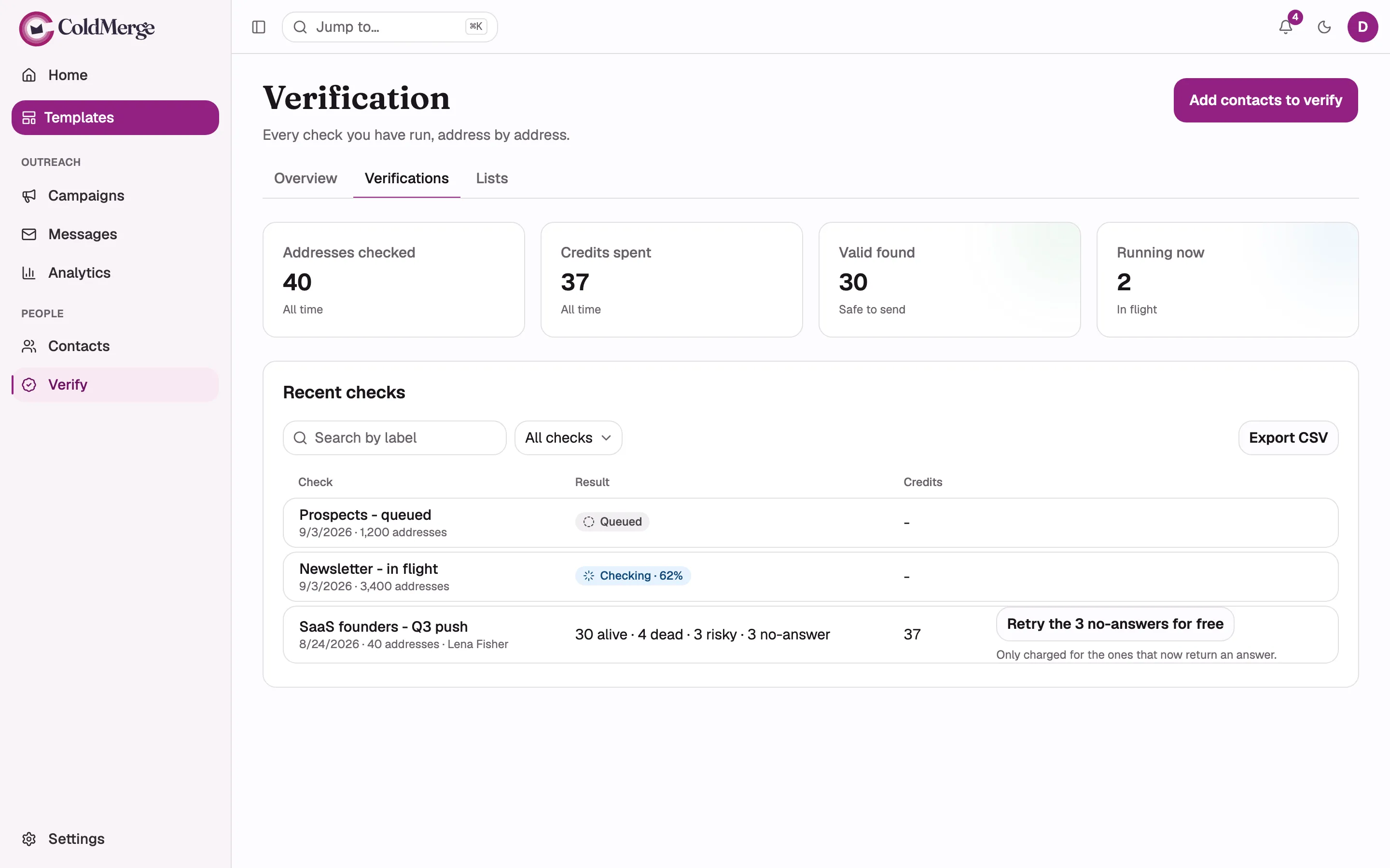 The Verifications tab with history: the four all-time KPI tiles across the top, then the “Recent
checks” table showing a mix of rows (one Queued, one “Checking · 62%”, one completed with its
verdict tally and free-retry button, one “Failed, not charged”), with the status filter and Export
CSV in the filter bar.