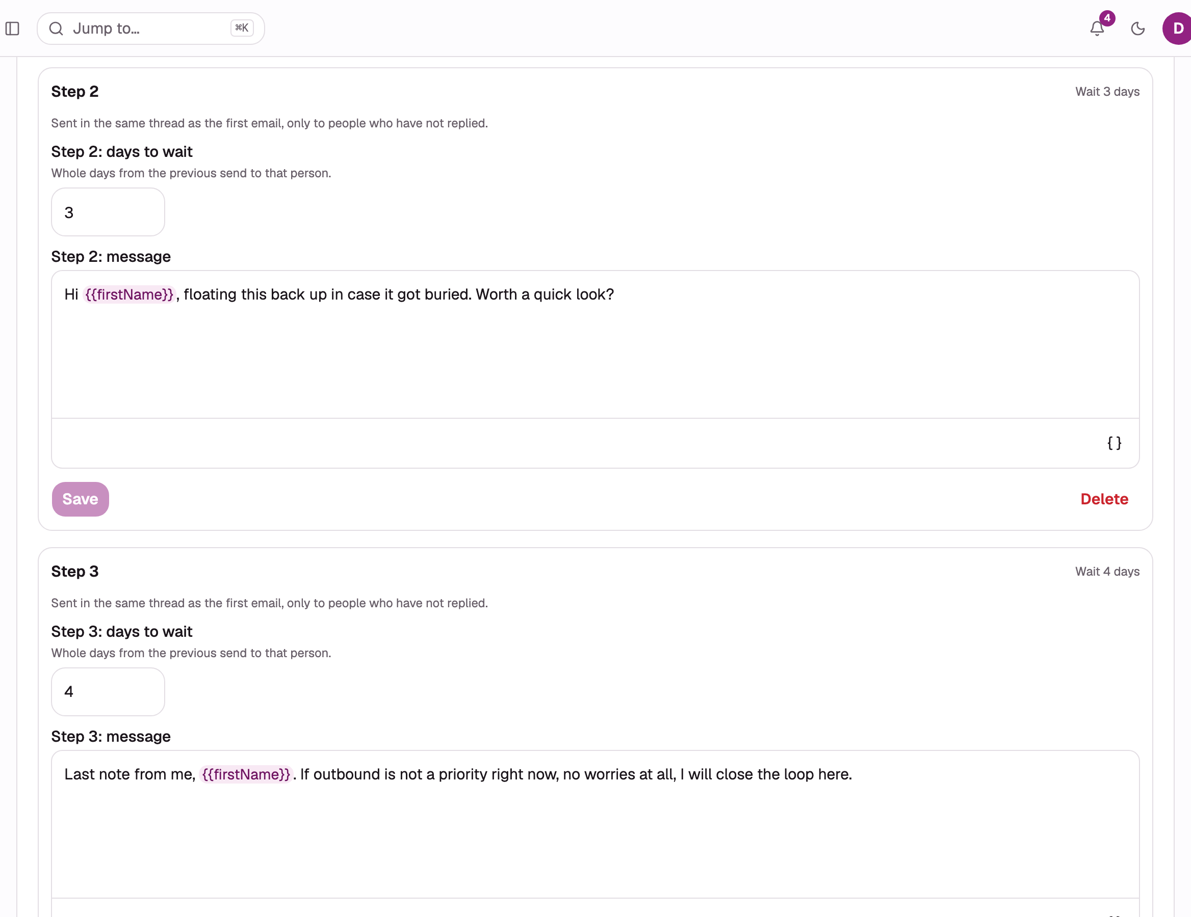 ColdMerge follow-up editor showing configured three-day and four-day delays.