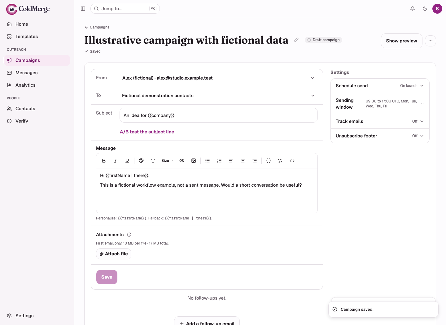 Campaign editor showing a fictional sender, target list and personalized message