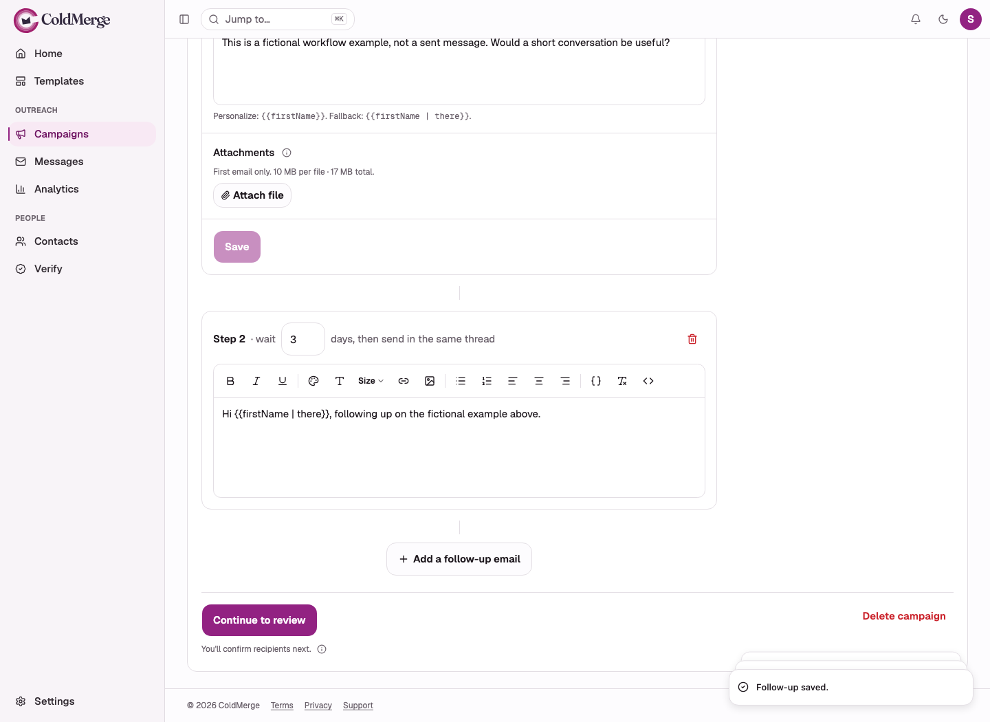 A saved fictional follow-up step with a three-day wait and same-thread message