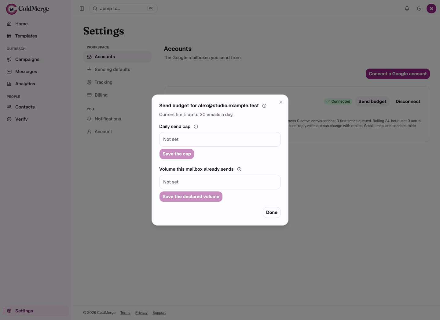 Send budget dialog for a fictional mailbox with daily cap and declared volume controls