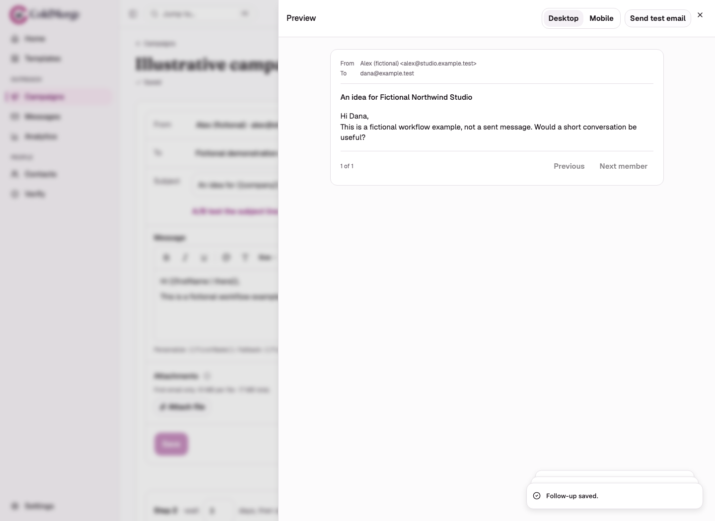 Merge preview resolving a fictional contact's first name and company